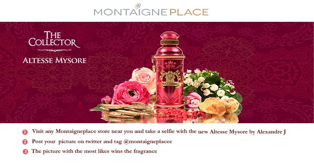 montaigneplacee's tweet photo. Earn the most likes on your selfie with the #AltesseMysore perfume bottle and win one #MontaignePlace https://t.co/jqRlSVk9Br
