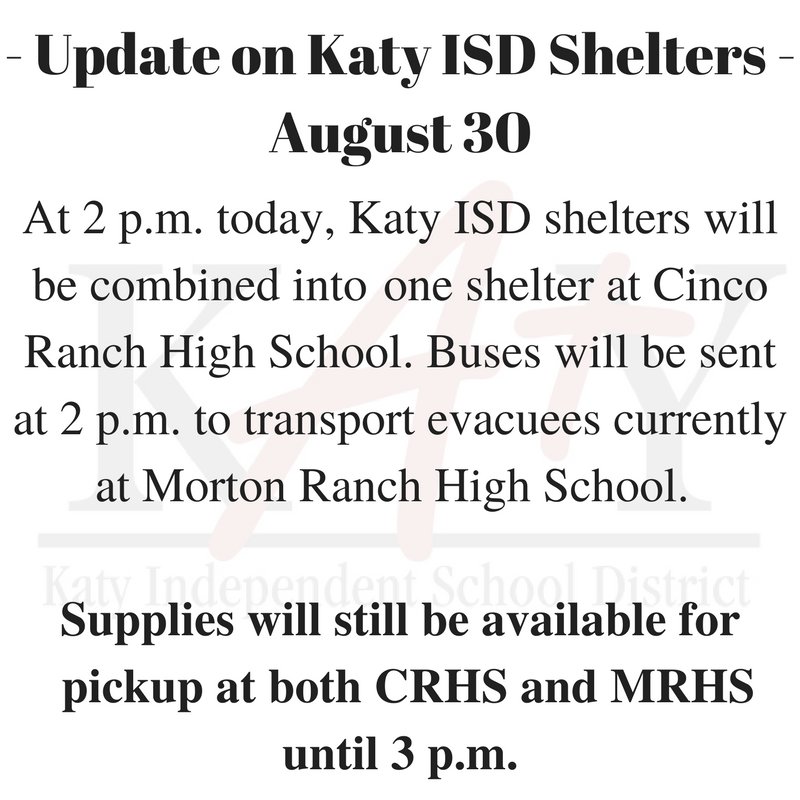 #katyisd shelters will be combined at 2 p.m. today. Supplies will still be available for pickup at both CRHS and MRHS until 3 p.m. #harvey