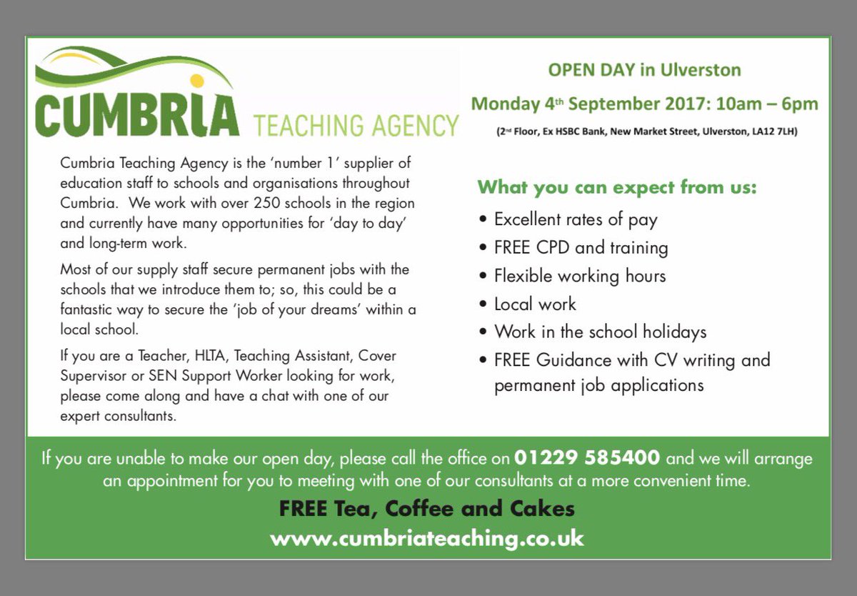 Cumbriateaching's tweet photo. OPEN DAY in Ulverston for Teachers and support staff. Monday 4th September 10am-6pm FREE ☕️➕🍰🍪🤗 https://t.co/AZjmDchiVb