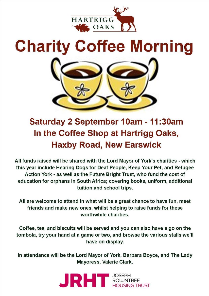 theJRHT's tweet photo. On Saturday morning we're hosting a charity coffee morning at Hartrigg Oaks in New Earswick, York. #ComeAlong #Charity #Giving #Community https://t.co/578tADINWP