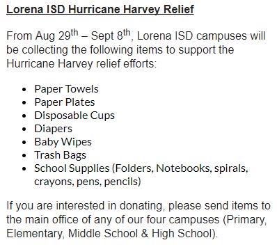 ICYMI - We are collecting the following items to help those impacted by Hurricane Harvey. Drop off donations at any campus office.