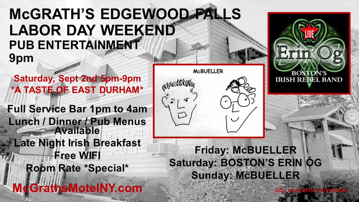 McGraths_ED's tweet photo. #LaborDayWeekend Pub music Fri, Sat, Sun. "A Taste of E.Durham" on Sat. Special wkd room rate. Free WiFi. We❤️☘️🏞️
https://t.co/fCOCmfoN5N https://t.co/xPKeoVetQN