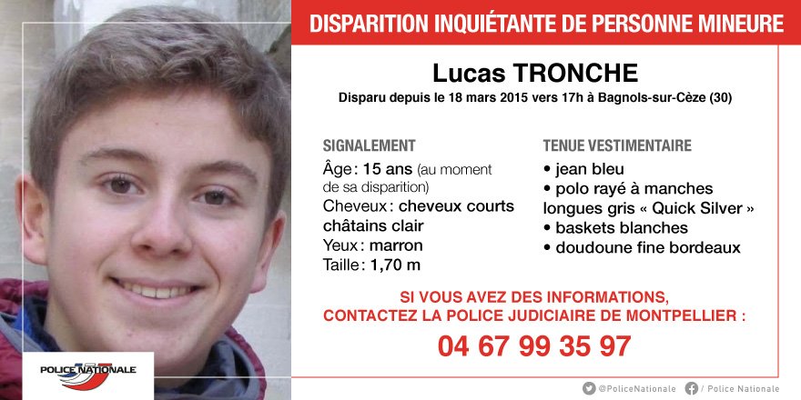 PoliceNationale's tweet photo. [#AppelàTémoins actualisé] Lucas est toujours porté disparu depuis le 18 mars 2015. 
Merci de vos #RT, nous avons besoin de vous. https://t.co/whaaxw2r6M