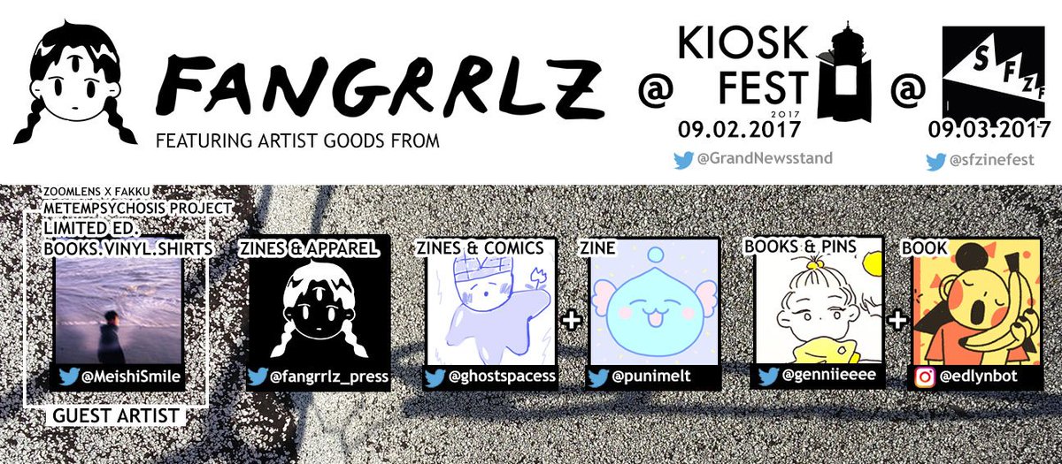 fangrrlz_press's tweet photo. 09.02-03
Catch us at #KIOSKFEST #SFZF 

GUEST ARTIST @MeishiSmile 
📚👕💿💖 artist goods by   @ghostspacess  @punimelt  @genniieeee  edlynbot 🎉💥 https://t.co/gaCAOkwnyt