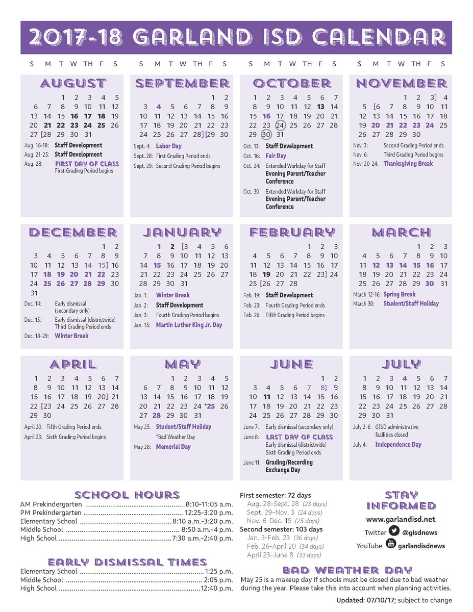 Garland Isd Calendar 2022 2023 Garland Isd On Twitter: "The 2017-18 Garland Isd Calendar Includes Key  Dates, School Hours And More Important Info. Print One Today:  Https://T.co/Svnlkv09Km Https://T.co/8Eiaskgs8Z" / Twitter