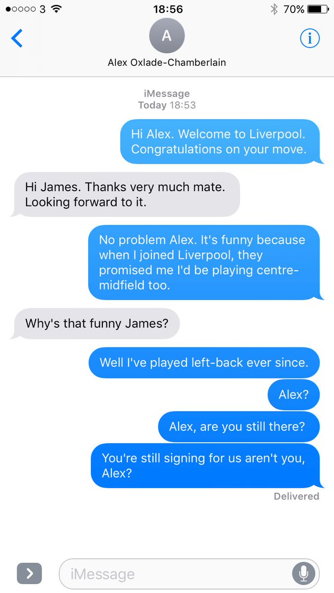 BoringMilner's tweet image. Just text Alex Oxlade-Chamberlain to welcome him to Liverpool but i think he ran out of signal. I hope he hasn't changed his mind.