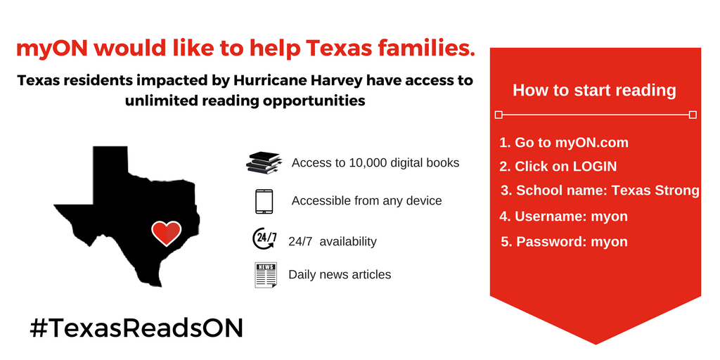 myONreader's tweet photo. myON wants to support Texas in this difficult time the only way we know how, through reading! More information here: https://t.co/j97ylciGfH https://t.co/KSDiAxbInW