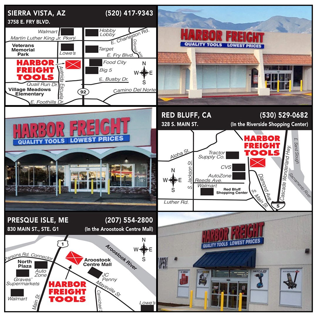 HarborFreight's tweet photo. Announcing new #HarborFreight stores in 3 locations! 
We're now open in Sierra Vista, AZ; Red Bluff, CA; and Presque Isle, ME.
#GrandOpening https://t.co/XAcgYmYMsD