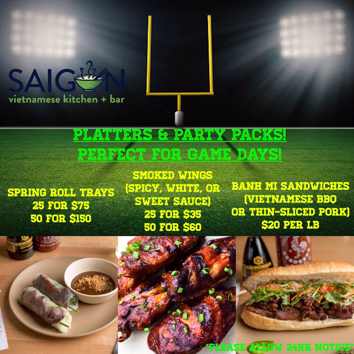 saigonavondale's tweet photo. Fans in a feeding frenzy? Our spring roll, smoked wings &amp; pork Banh Mi sandwich platters are perfect for your tailgate or watch party! https://t.co/suwPvqn8VR