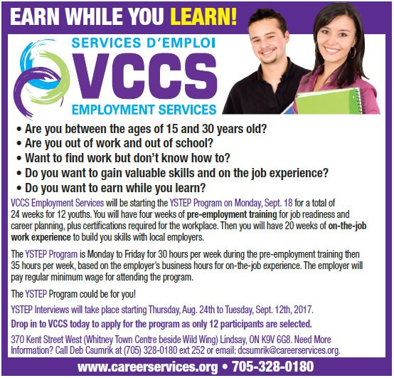 DCsumrikVCCS's tweet photo. Youth only a few days left for YSTEP interviews for the next group starting Sept 18th. #vccsemployment #YOUTH #kawarthalakes #lindsay https://t.co/x2hoPVEhbX