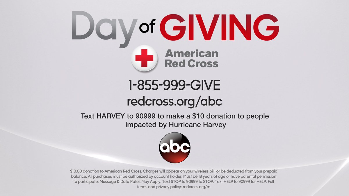 ABC's tweet photo. Join us TOMORROW as we kick off a #DayOfGiving and raise money for #HurricaneHarvey relief efforts through @RedCross https://t.co/oW1Gyxp5rY https://t.co/xrO3CBBqFA