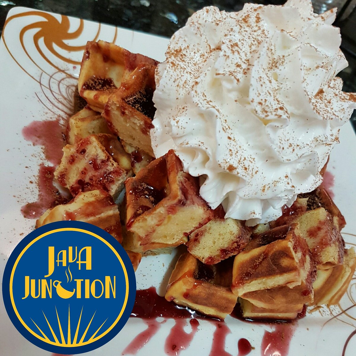 JavaJunction671's tweet image. Cookie&apos;s #Homemade Belgian Waffles w/ raspberry drizzle &amp;amp; topped w/ whipped cream &amp;amp; cinnamon! #StopLickingYourPhone #JavaJunctionGuam