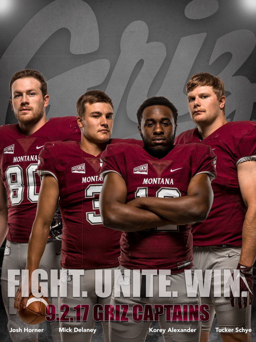 MontanaGrizFB's tweet photo. Give a ๐ to Josh Horner, Mick Delaney, Korey Alexander & Tucker Schye - your #GrizFB senior captains for #UMvsVALPO!
#GoGriz #FightUniteWin https://t.co/vpwM95RRU3