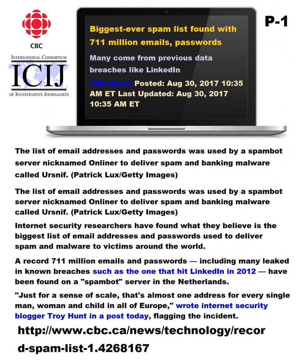 CHANGE_2050's tweet photo. P-1. CBC News Technology &amp; Science-Biggest-ever spam list found with  711 million emails, passwords. Many come from previous data breaches.. https://t.co/gPBtifY9RY