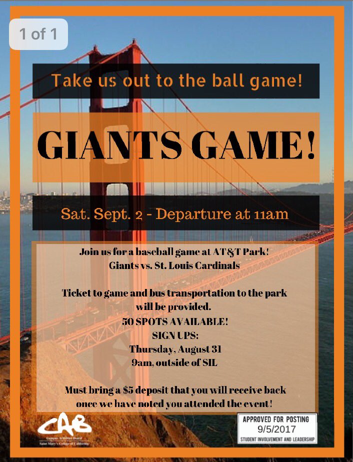 smc_cab's tweet photo. UPDATE: On Thursday, August 31 there will be signups for the Giants game, which include a $5 deposit. We look forward to seeing you! https://t.co/Ys0jKln81r