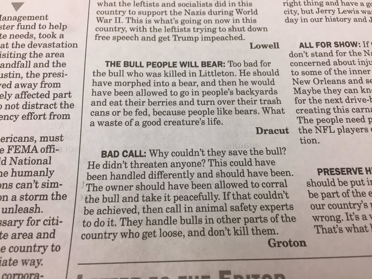 Rick_Sobey's tweet photo. A couple people calling about the Littleton bull. "He should have morphed into a bear..." https://t.co/gSnHPT02Lr