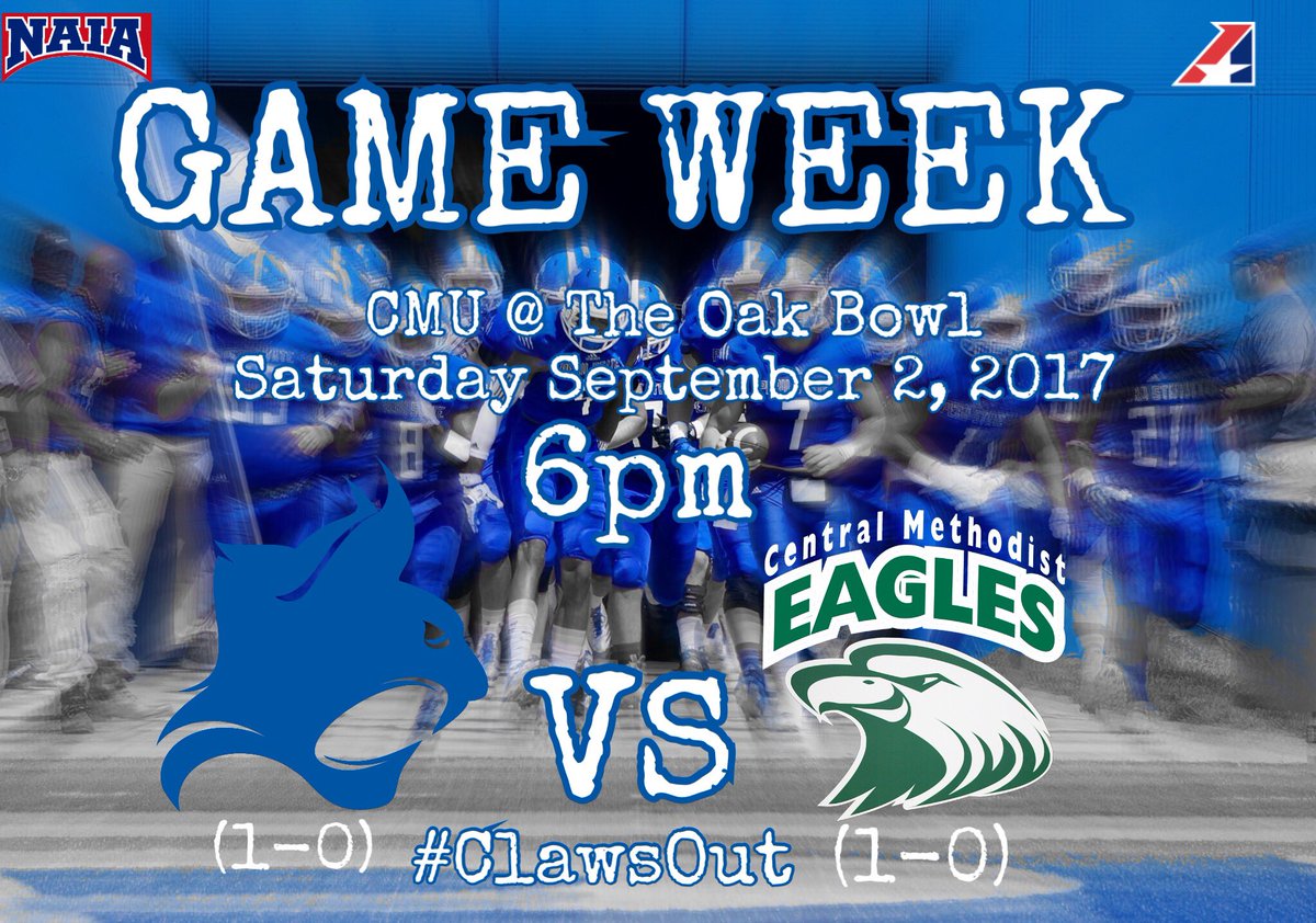 GAME WEEK!!! 
<a href="/pscbobcats/">Peru State Athletics</a> vs CMU @ The Oak Bowl Sat 9/2/17@6pm 
#clawsout #RUball #BlueRush