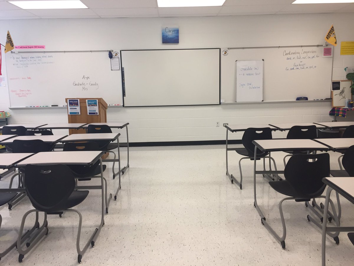 Desks are arranged for The Crucible. Boys on one side, girls on the other. A lot of explanation is required. 😎#HHS