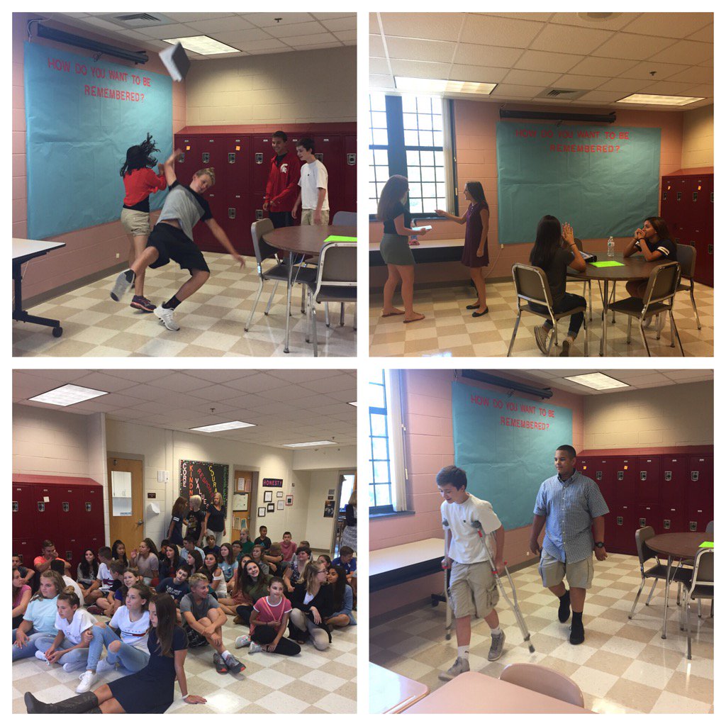 RosenthalELA's tweet photo. 8th graders performed skits for each other about how to &amp; how not to behave in the hallway, class &amp; cafeteria. https://t.co/XuJqxpoz76