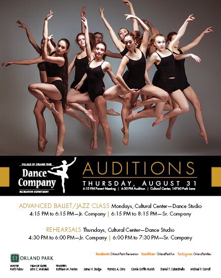OrlandParkRec's tweet photo. REMINDER: The Dance Company Auditions will be held tomorrow night! For more info: 708 403-7275 #OPDance #OPFun https://t.co/kuKgfZZU4r