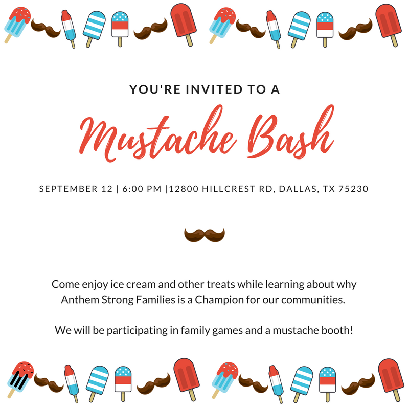 anthemstrongfam's tweet photo. Join us for our Mustache Bash on 9/12!! 
We will have games and treats for the whole family. 

#NTxGivingDay #GetUpandGive #DFWFatherhood https://t.co/11iHpprHQP