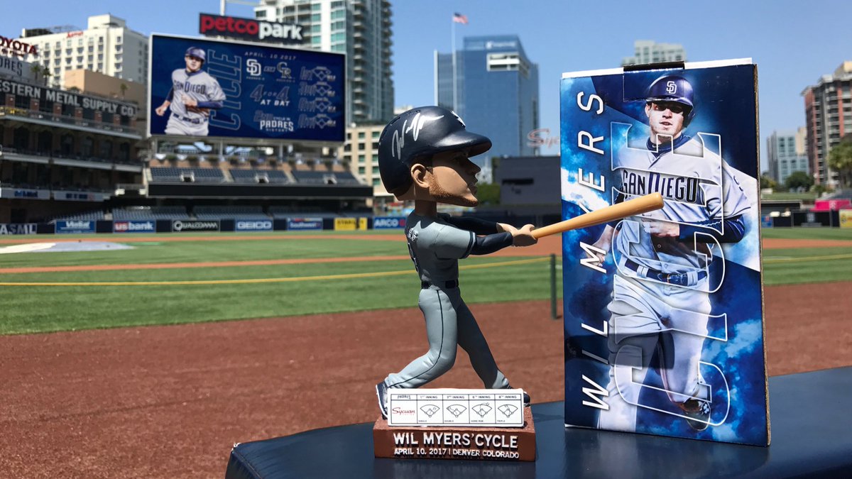 Padres's tweet photo. Celebrating @wilmyers' cycle on Saturday night!

RT to enter for a chance to win a signed Wil Myers Cycle Bobblehead 🙌 https://t.co/nKjhoWxm7r