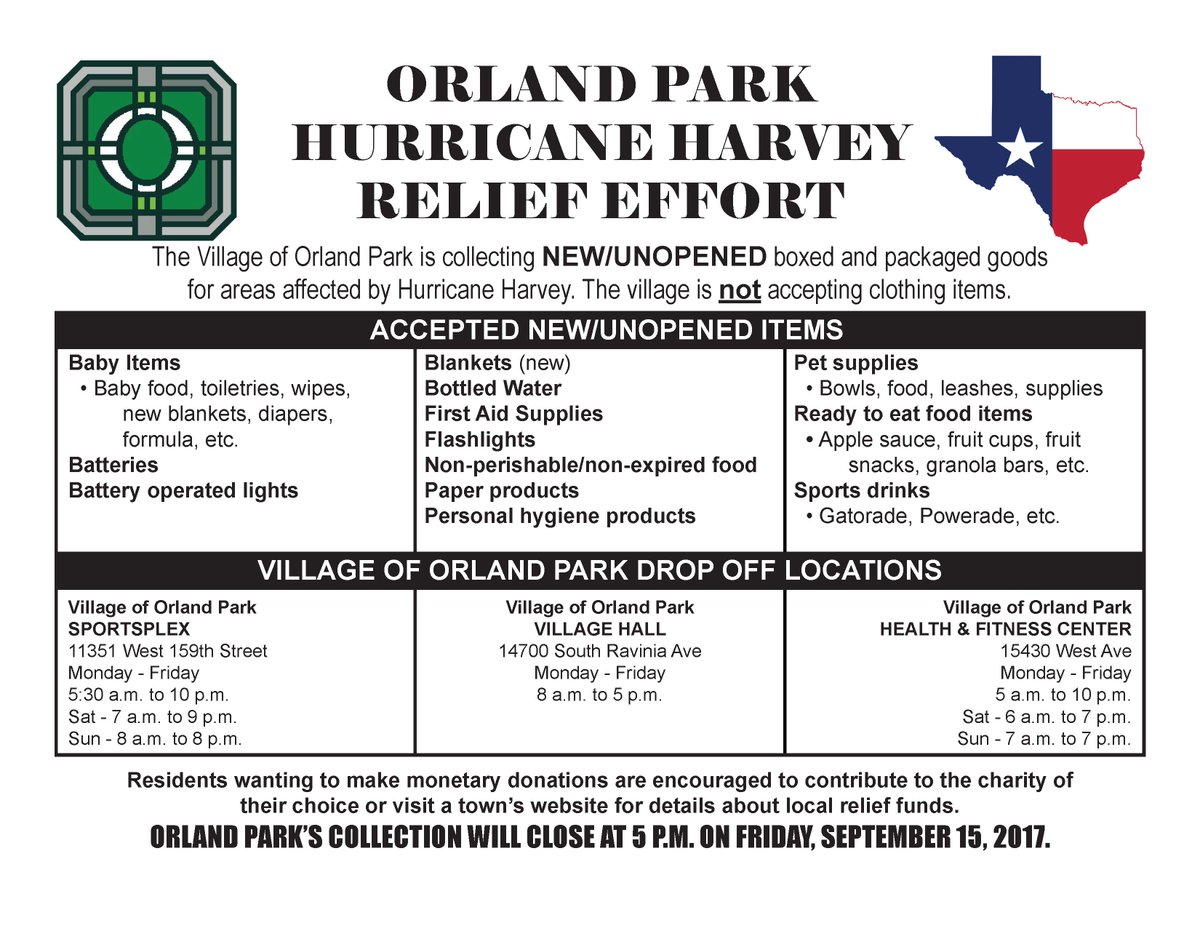 VillageOrlandPk's tweet photo. #OrlandPark, IL collecting new packaged goods for #Texas. Details at https://t.co/CGLM0iiWpI #hurricaneharvey2017 #HurricaneHarvey #opkind https://t.co/oMycxetAxU