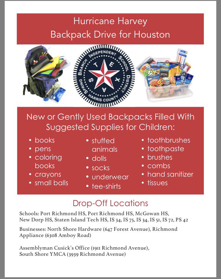 PS42R's tweet image. Backpack Drive for Houston! We are a drop off site. #HelpforHouston @SIBFSC @NYCSchools @District31R
