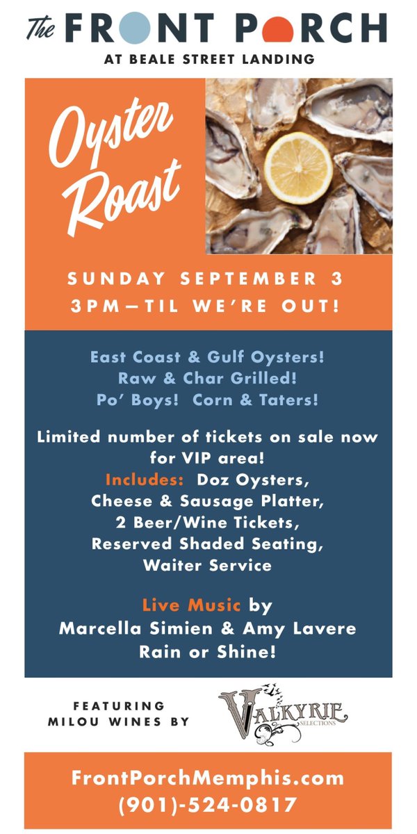VIP TIX are SOLD OUT Fear not there r plenty of oysters 2 go around. Char grilled Gulf &amp; Raw East Coast r avail by 1/2 doz. Po'Boys &amp; More!