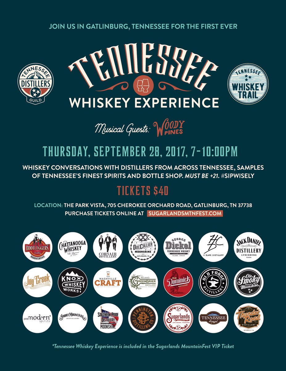 SDCMtnFest's tweet photo. Look at the #Tennessee #distilleries at our upcoming #whiskey event! Kickoff @SDCMtnFest with @woodypines at @parkvistadbltr in #Gatlinburg https://t.co/sq16jiZtwO