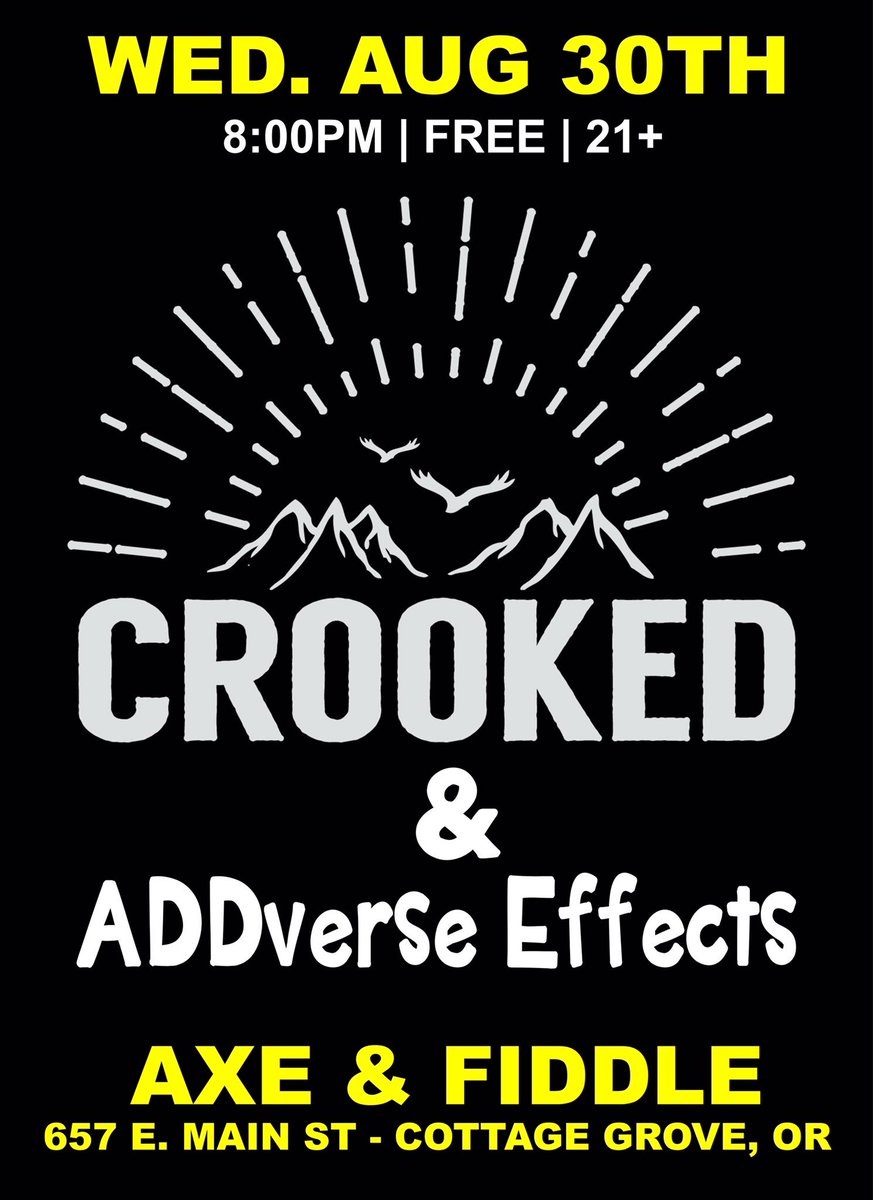 ADDverse Effects (@addverseeffects) on Twitter photo Cherbois are back in Oregon tonight rockin <a href="/AxeandFiddle/">Axe and Fiddle</a> in Cottage Grove w/ Crooked! Bring em out!! #agoodproblemtohavetour Cherbois are back in Oregon tonight rockin <a href="/AxeandFiddle/">Axe and Fiddle</a> in Cottage Grove w/ Crooked! Bring em out!! #agoodproblemtohavetour