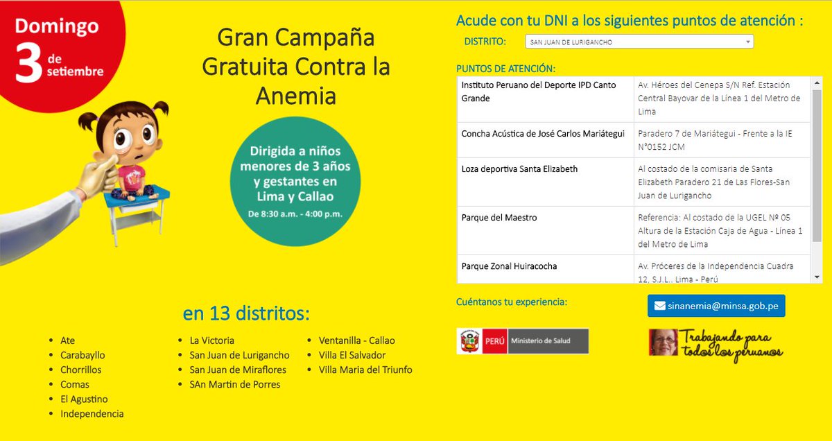DIRISLimaCentro's tweet photo. ¡Gran Campaña Gratuita Contra la Anemia!
Ubica los puntos de atención en San Juan de Lurigancho 
Ingresa al link: https://t.co/G70MjGWYd9 https://t.co/2rAzXCW2uu