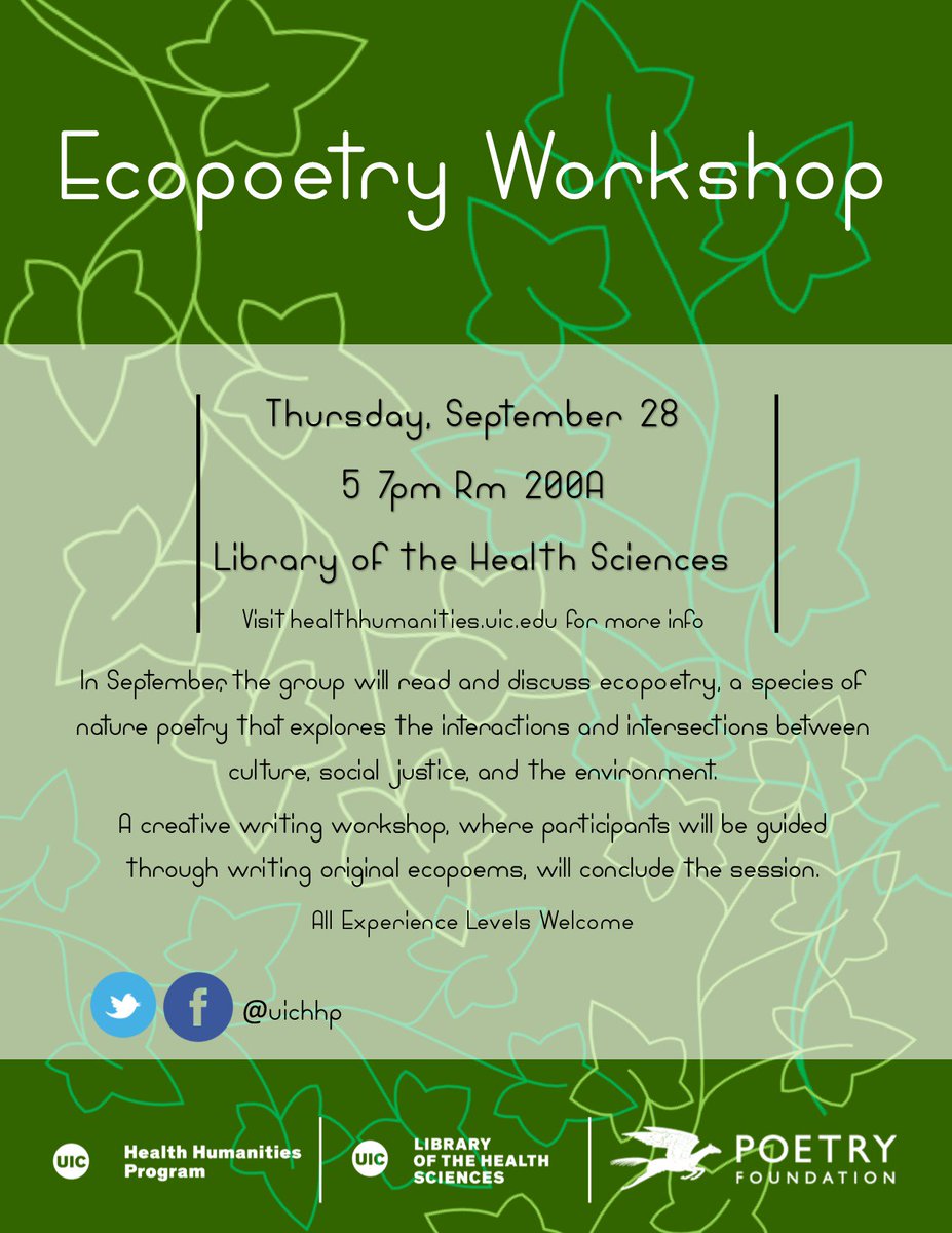 Health Humanities (@uichhp) on Twitter photo Mark your calendars! Ecopoetry workshop on Thursday, September 28th, 5-7 pm in the Library of the Health Sciences <a href="/PoetryFound/">Poetry Foundation</a> <a href="/LHS_Chicago/">UIC LHS-Chicago</a> Mark your calendars! Ecopoetry workshop on Thursday, September 28th, 5-7 pm in the Library of the Health Sciences <a href="/PoetryFound/">Poetry Foundation</a> <a href="/LHS_Chicago/">UIC LHS-Chicago</a>
