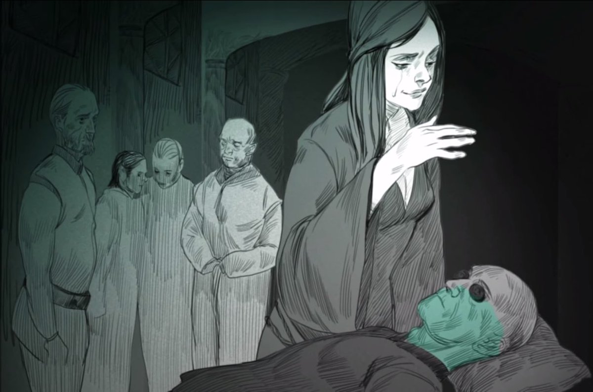 Llorando la muerte de Jon Arryn en Desembarco del Rey antes de partir corriendo a El Valle y mandar la carta a Cat culpando a los Lannisters