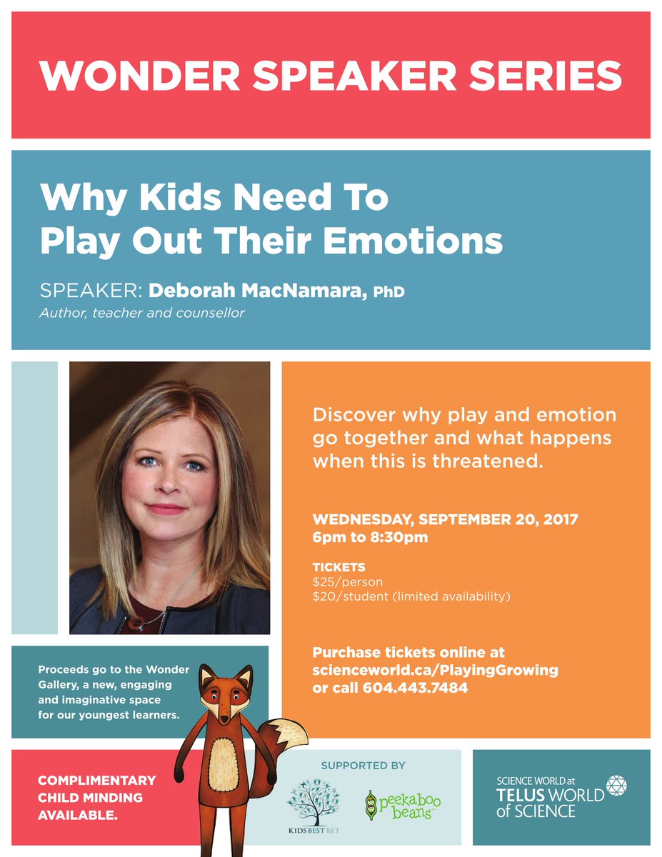 pkbeanskids's tweet photo. Join @DebMacNamara on Sept 20 at @scienceworldca & learn "Why Kids Need to Play Out their Emotions": https://t.co/PEdah6YVbr #playinggrowing https://t.co/Xw7EqkF57e