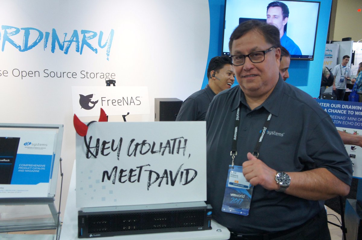 TrueNAS's tweet photo. Hey @VMworld attendees, meet David. Ask our Team at Booth #1224 what the sign represents & why it's so important to #MeetDavid. #VMworld https://t.co/MYAyTbRPYE