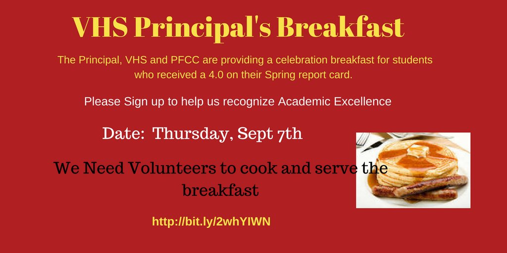 vhspfcc's tweet photo. Crusher Parents Help Needed 9/7 Principal's Breakfast @VHS2018 @VHS_Leadership @vhs_alumni https://t.co/6mx8hMYkql https://t.co/rnQbUFWvkz