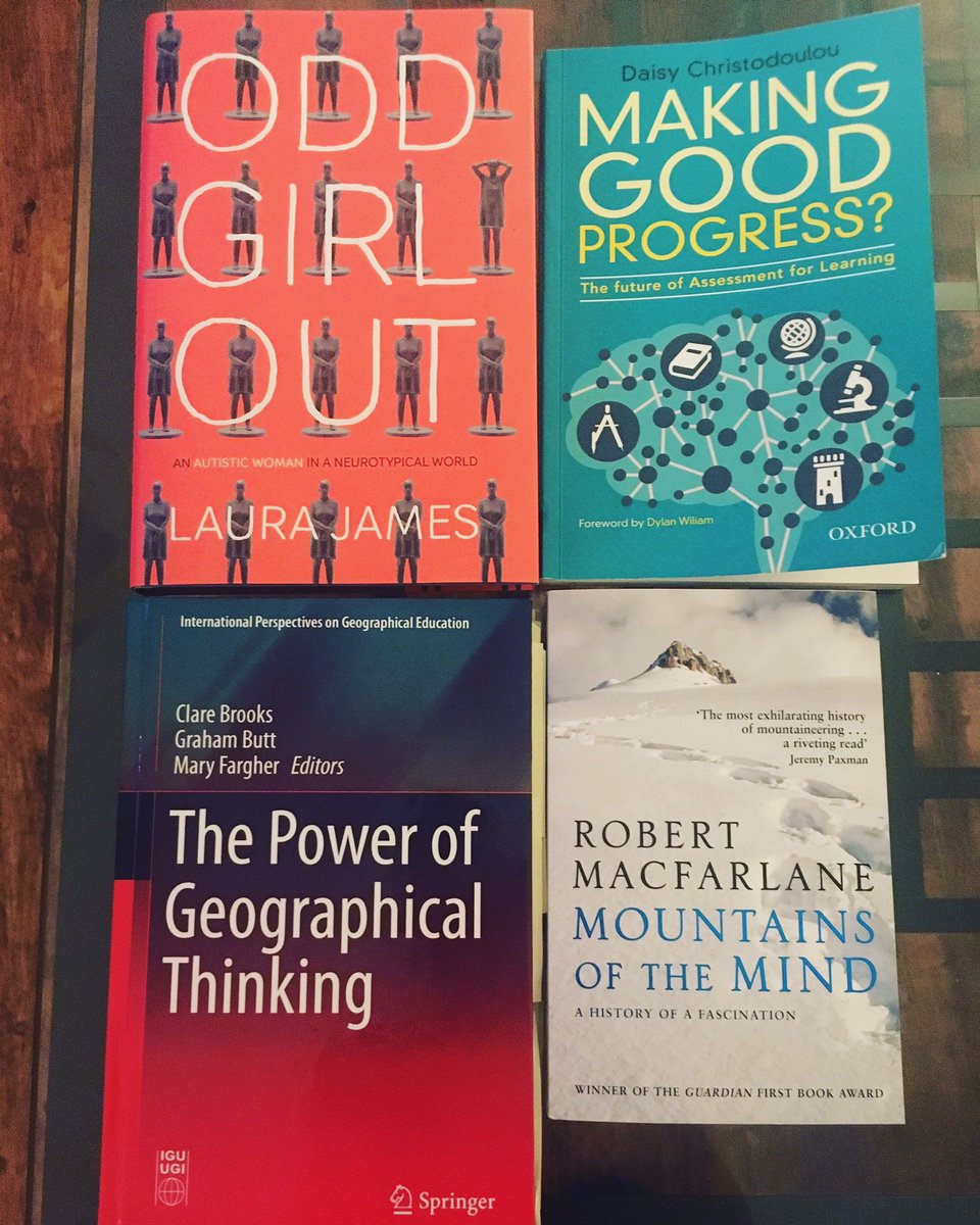 GraceEHealy's tweet image. My favourite four books this week - on autism, assessment, geographical thinking and mountains. #geographyteacher #summerreading #geoged