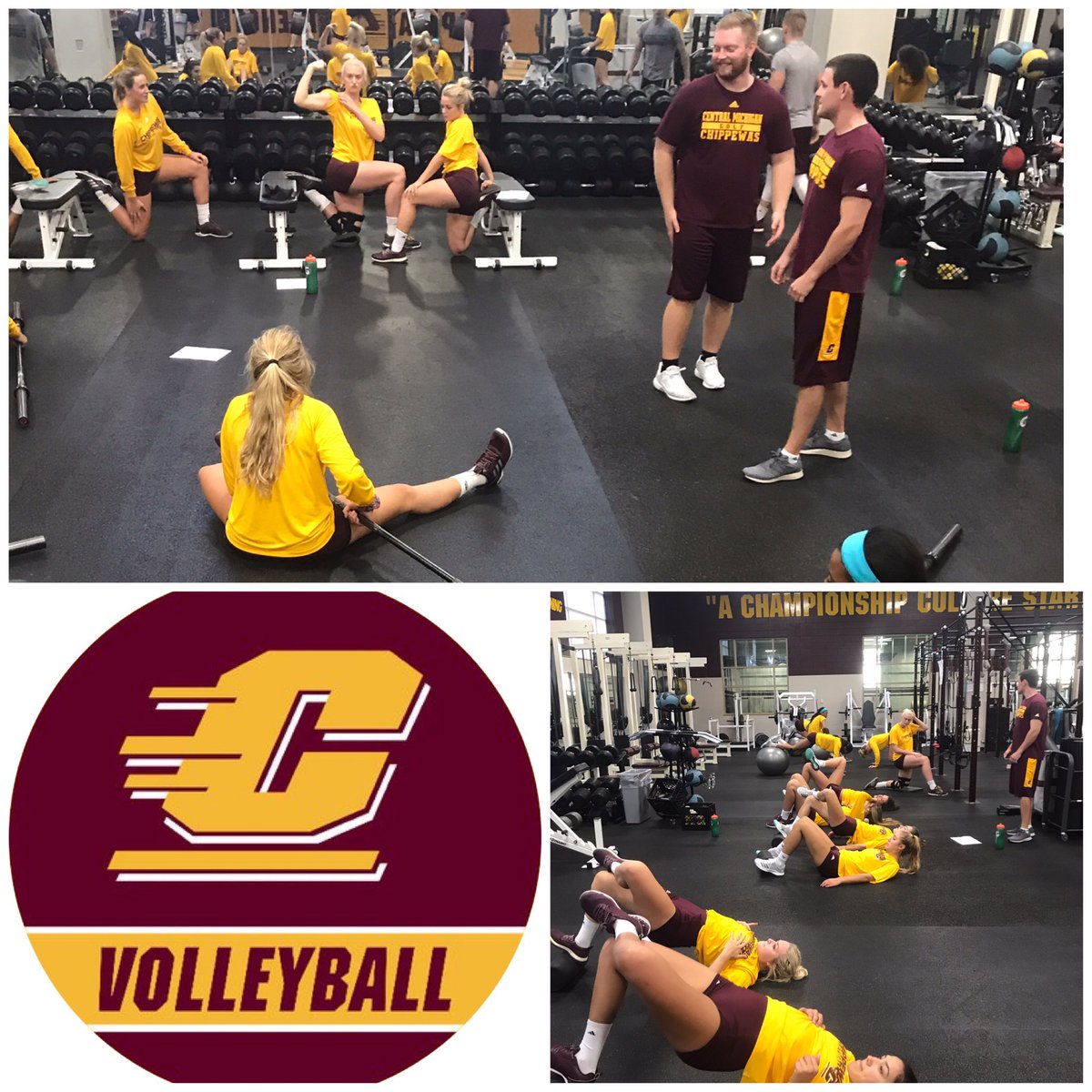 CoachAaronKnows's tweet photo. Good send off lift for @CMUVolleyball ! Good luck at the George Mason Invitational this weekend ! #FireUpChips #BarSmash #CouchStretch https://t.co/5vtChwU0RG