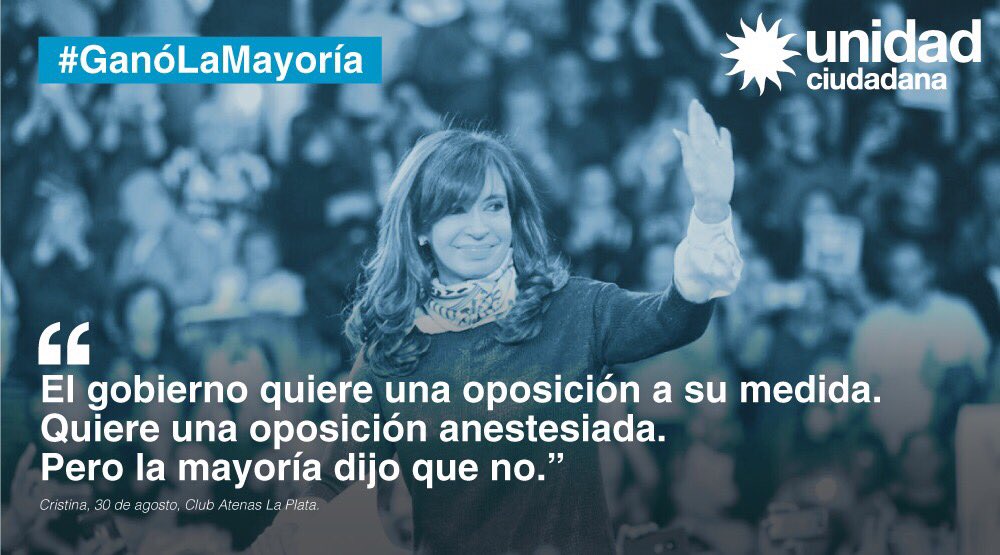 argconcristina's tweet photo. .@CFKArgentina: "El gobierno quiere una oposición a su medida. Una oposición anestesiada. Pero la mayoría dijo que no". #GanóLaMayoría https://t.co/fp1hryCvEL