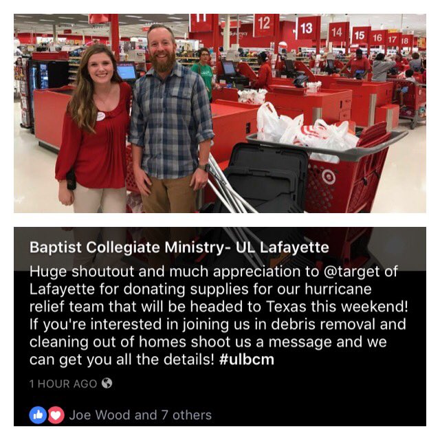 Lafayette, LA #Target 1473 supporting #Harvey recovery in Houston. Thanks #ULBCM for your support in TX and LA with boots on the ground!