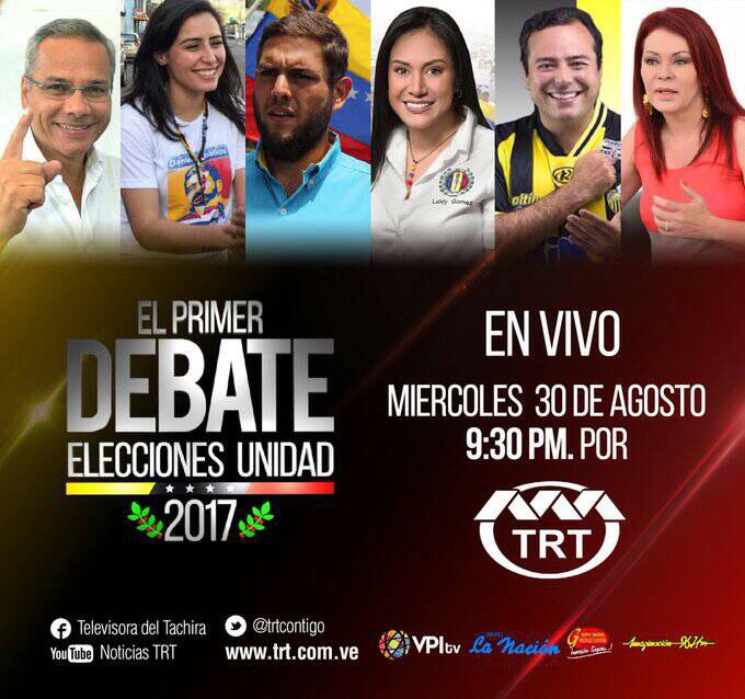 A través de youtu.be/WVYRqdgi2Jc podrás ver el Primert Debate de los candidatos de la UNIDAD por <a href="/NoticiasTRT/">Noticias TRT</a>  #VamosPaLanteTachira