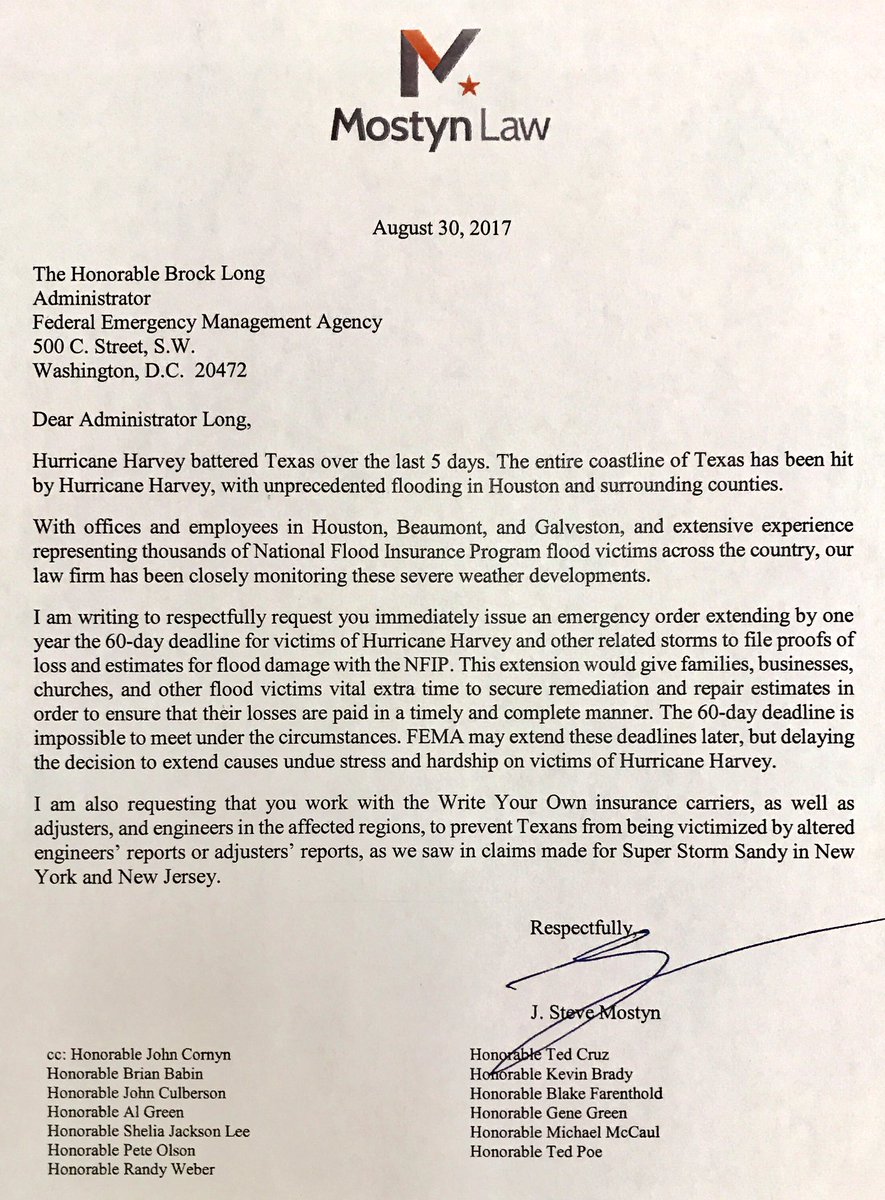 MostynLaw's tweet photo. @fema @FEMA_Brock from 60 days to one year. It's too hard to meet all flood claim strict requirements under these circumstances 2/2 https://t.co/CK4fnsywzG