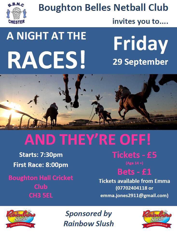 BoughtonBelles's tweet photo. Why not join us for our first Race Night? 29 Sep at @CBHCC 🐴 Sponsored by @RainbowSlushUK 🌈 #placeyourbetsnow #andtheyreoff #fundraiser https://t.co/bTFD0Mun7s
