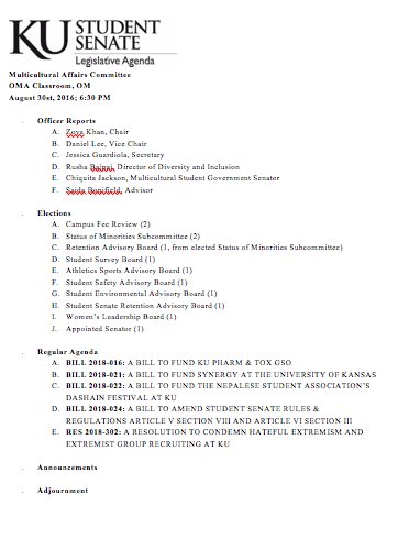 Multicultural Affairs committee has begun! We're meeting in <a href="/KU_OMA/">KU OMA</a> Classroom! Attached is our agenda, selecting MA reps to boards + bills!
