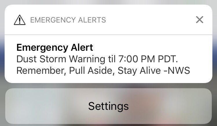 catay's tweet photo. Got a blaring weather alert on my phone, and it's a new one to me -- dust storm! *cough* Good thing I've got my air filter running. https://t.co/Aj6mfieE1M