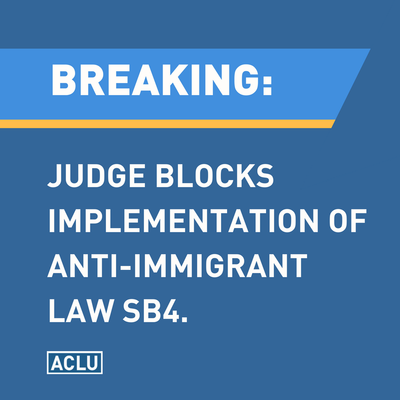 ACLUTx's tweet photo. BREAKING: Just now a federal court in Texas has blocked the anti-immigrant law #SB4 from taking effect! More details to follow. https://t.co/ukJNQQ3GSE