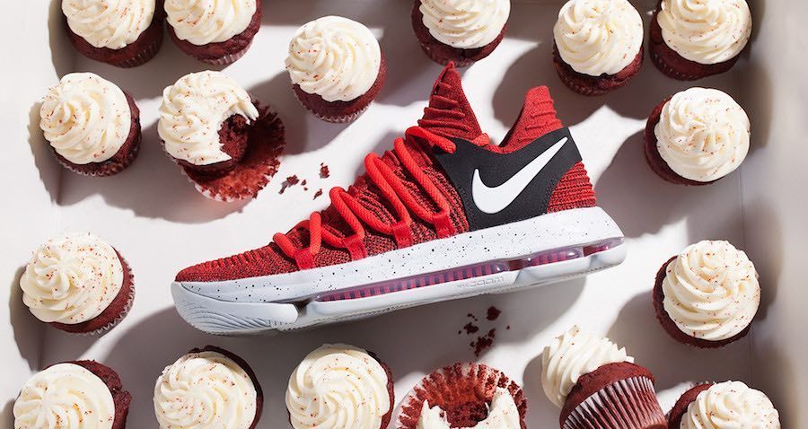 kicksonfire's tweet photo. NBA Champion Kevin Durant celebrates the sweet taste of victory with the Nike KD 10 "Red Velvet." Dropping on Friday, will you cop? #kickso… https://t.co/B5AGhf788u