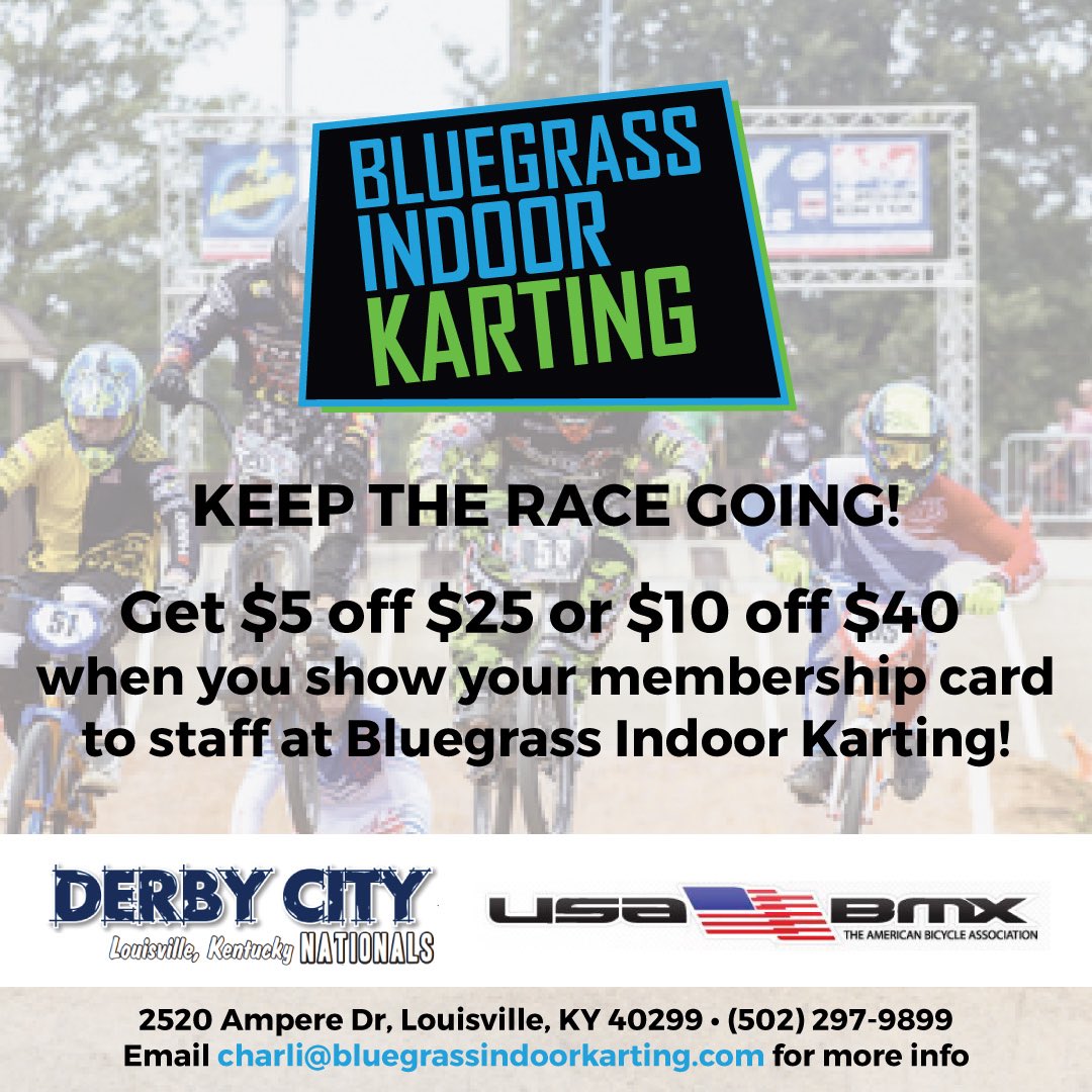 usabmx's tweet photo. If you're attending Derby City BMXthis weekend, be sure to check out @bluegrassindoorkarting  bring your membership card for racers discount https://t.co/5NwgdfSjfo