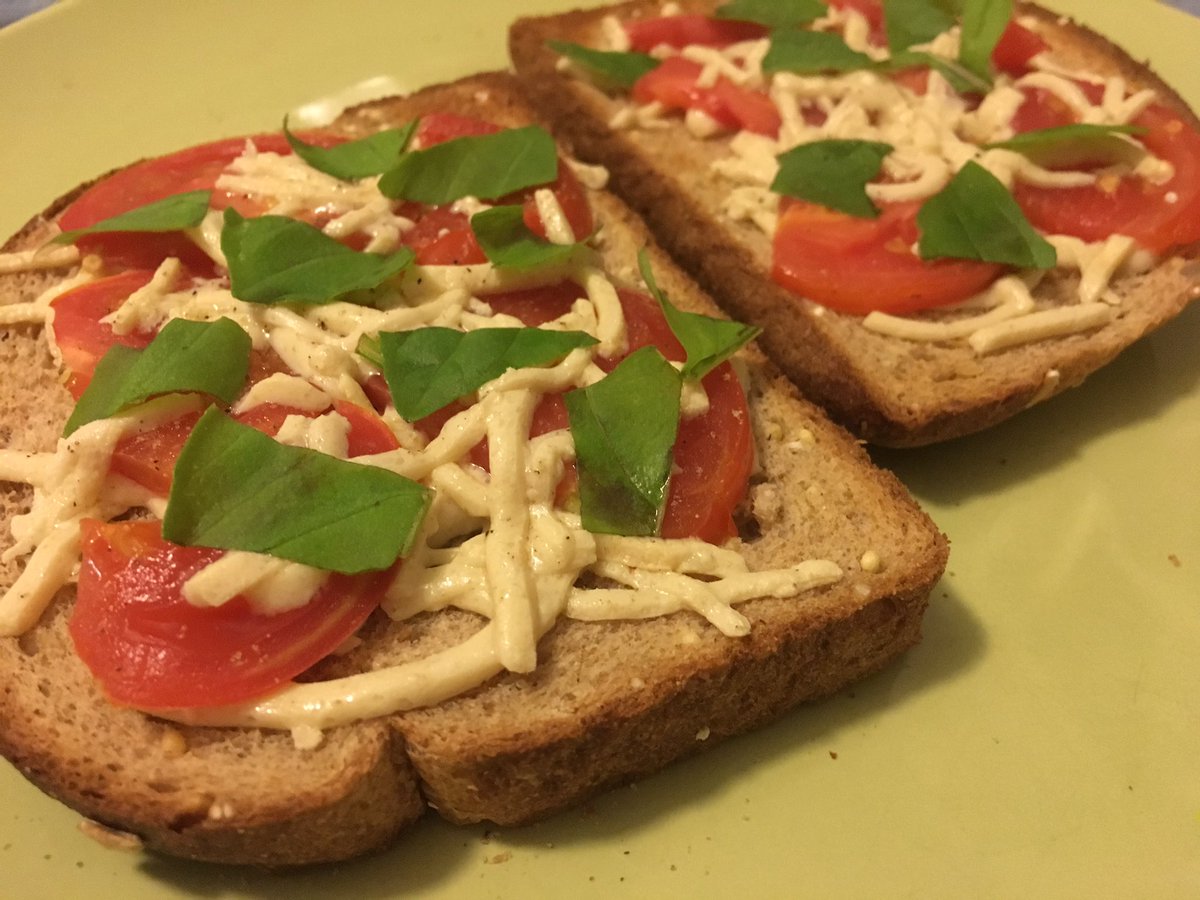 Simple, easy, elegant… #vegan #grilledCheese w/ #comunitygarden grown tomato, basil, & @daiyafoods